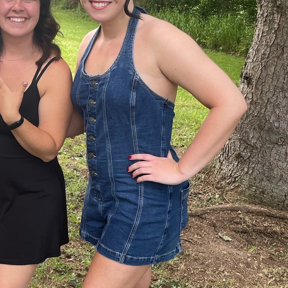 AE Denim Halter Button-Up Romper - Picture 3 of 11